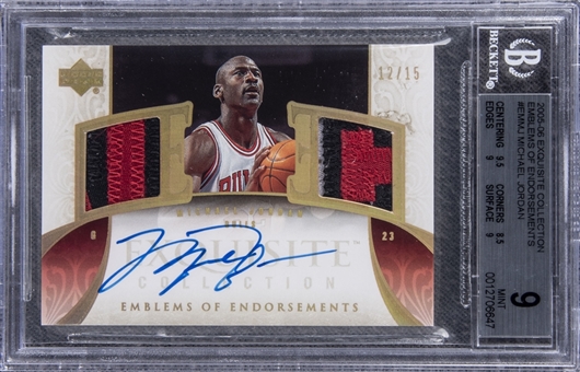 2005-06 UD "Exquisite Collection" Emblems of Endorsement #EMMJ Michael Jordan Signed Game Used Patch Card (#12/15) – BGS MINT 9/BGS 10
